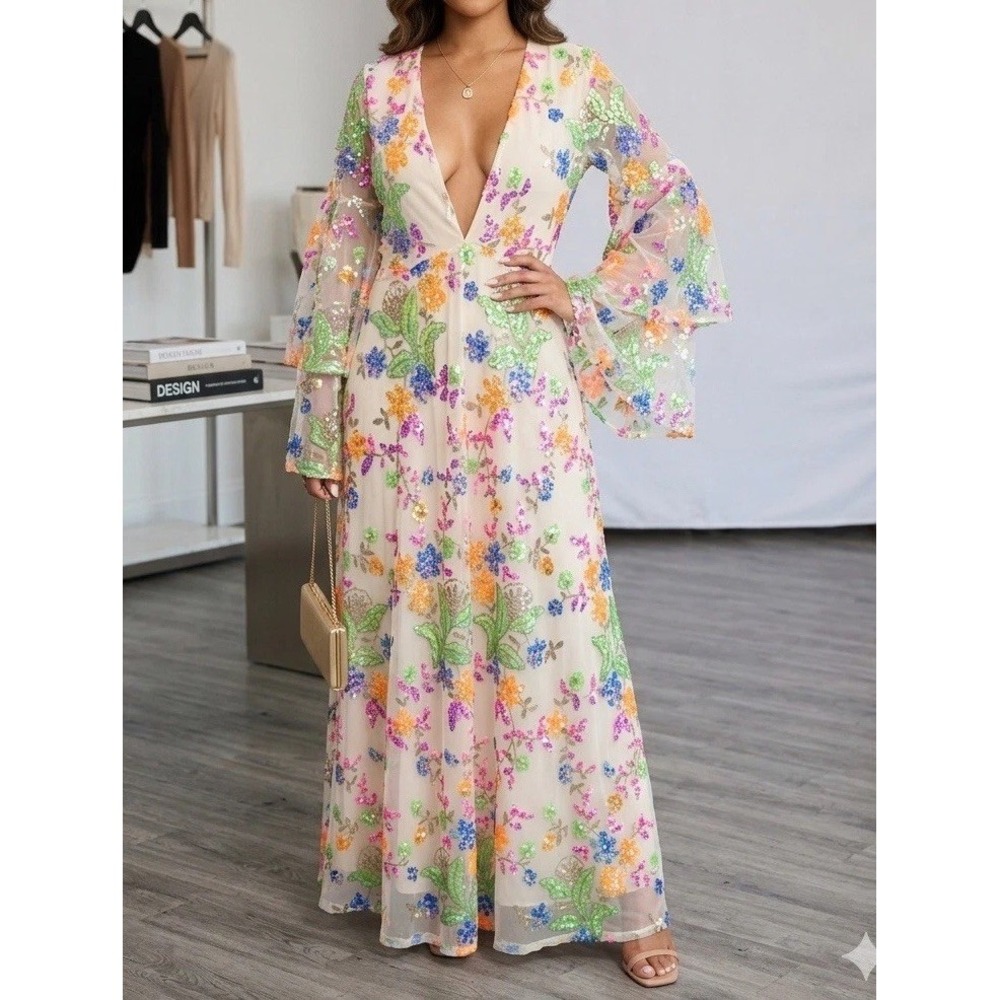 AUSTIN & AUBRIN White Multicolor Floral Sequin Mesh Maxi Dress M V-Neck